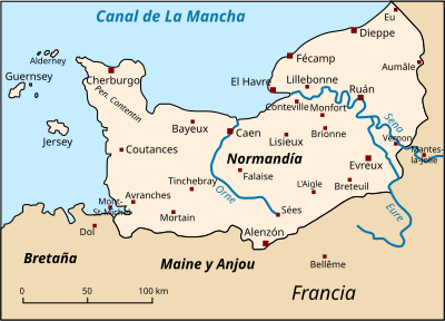 Évreux situado en un mapa de la Normandía histórica