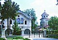 The Church of St George in the centre of Dobrich, to the left is the statue of Vasil Levski by Kolyo Bogdanov