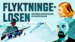 Tegnet teaterplakat med tysk soldat, kvinnehode og mannshode med snøkledde fjell i bakgrunnen