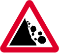 Risk of falling or fallen rocks ahead (symbol may be reversed)