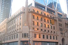 Exterior of the lower Art Deco building, seen from a corner