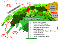 Vnější Západní Karpaty, Slezské Beskydy vyznačeny červeným polem