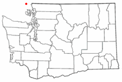 Red dot (above) indicates location of Point Roberts, west of contiguous Whatcom County and the rest of Washington State.