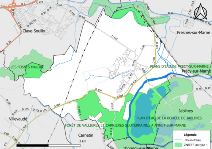 Carte des ZNIEFF de type 1 de la commune.