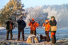 Photo von fünf Jägern mit einem Hund, die auf einem mit Raureif bedeckten Feld in ihre Jagdhörner blasen.