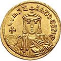 On the reverse of this solidus of Leo V the Armenian, the Emperor's son Constantine wears a ceremonial chlamys, 813-820