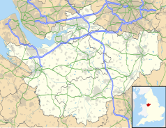 Mapa konturowa Cheshire, po lewej nieco u góry znajduje się punkt z opisem „Ellesmere Port”