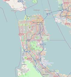 Mapa konturowa San Francisco, u góry znajduje się punkt z opisem „San Francisco”