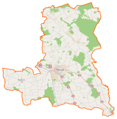 Mapa konturowa powiatu pleszewskiego, w centrum znajduje się punkt z opisem „Parafia Świętych ApostołówPiotra i Pawła”