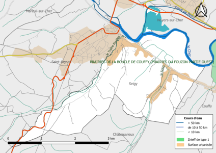 Carte des ZNIEFF de type 1 localisées sur la commune[Note 2].