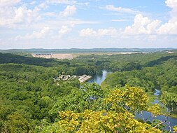 Lake Taneycomo as seen from an observation point on Route 165. The dam in the background impounds Table Rock Lake.