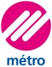 Pink circle with three diagonal white lozenges forming stylised letter 'm'