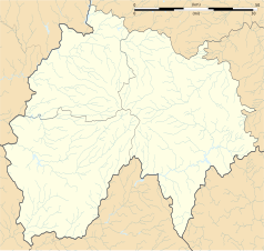 Mapa konturowa Cantal, blisko górnej krawiędzi nieco na lewo znajduje się punkt z opisem „Lanobre”