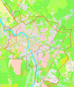 Mapa konturowa Pskowa, blisko centrum po prawej na dole znajduje się punkt z opisem „PKV”