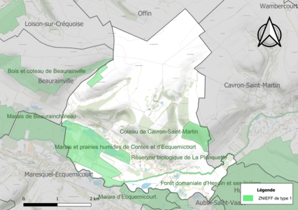 Carte des ZNIEFF de type 1 sur la commune.