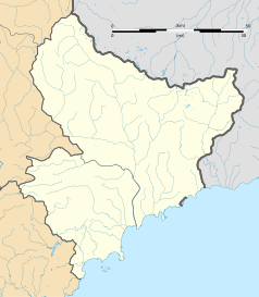 Mapa konturowa Alp Nadmorskich, na dole nieco na lewo znajduje się punkt z opisem „La Roquette-sur-Siagne”