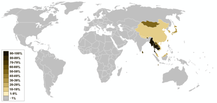 Les plus fortes concentrations se trouvent en Extrême orient ; le pourcentage est inférieur à 10 en Inde, Russie, Europe occidentale et Amérique du Nord.