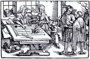 Counting board (woodcut, probably from Strasbourg). The lines and the spaces between the lines function like the wires or rods on an abacus. The place value is marked at the end.