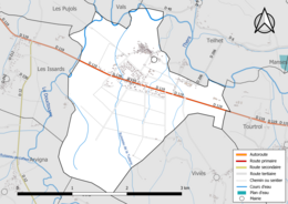 Carte en couleur présentant le réseau hydrographique de la commune