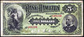 A Bank of Hamilton kereskedelmi bank 1892-es 5 dolláros bankjegye.