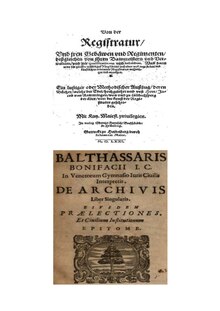 Capa dos mais antigos manuais arquivísticos de que se tem conhecimento: "Von der Registratur" (Jacob von Rammingen, 1571) e "De Archivis" (Baldassare Bonifacio, 1632)