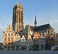 De toren en kathedraal gezien vanaf de Grote Markt.