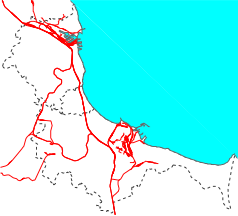 Mapa konturowa Trójmiasta, w centrum znajduje się punkt z opisem „Gdańsk Nowy Port”