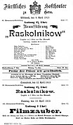 Plakat für die Uraufführung: Raskolnikoff. Fürstliches Hoftheater Gera: 9. April 1913.