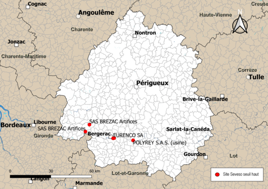 Carte des sites « Seveso seuil haut » ( à la date du 3 novembre 2019).