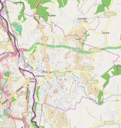 Mapa konturowa Cieszyna, po lewej znajduje się punkt z opisem „Wzgórze Zamkowe w Cieszynie”