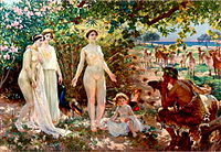 El Juicio de Paris by Enrique Simonet, c. 1904. Paris is studying Aphrodite, who is standing before him naked. The other two goddesses watch nearby.