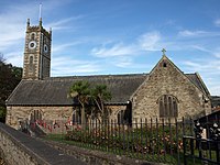 De kerktoren in Falmouth (Cornwall) met vier hoekpinakels