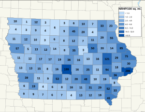 Distribuição de NRHPs nos condados de Iowa.