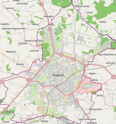 Mapa konturowa Radomia, na dole nieco na prawo znajduje się punkt z opisem „ulica Juliusza Słowackiego”