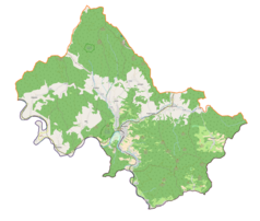 Mapa konturowa gminy Muszyna, po prawej nieco na dole znajduje się punkt z opisem „Wojkowa”