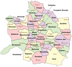 Location of Kashmar County in Razavi Khorasan Province (center left, yellow)