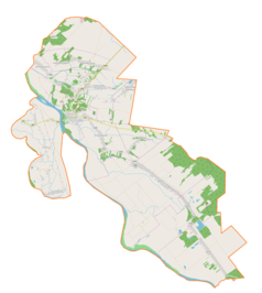 Mapa konturowa gminy Krzeszów, blisko centrum na lewo u góry znajduje się punkt z opisem „Parafia Narodzenia Najświętszej Maryi Panny”