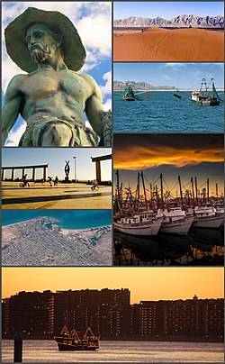 From top, left to right: Camaronero Monument, View of the Gran Desierto de Altar from Puerto Peñasco, Puerto Peñasco fishing vessels, Plaza Gobernadores, Aerial view of Puerto Penasco, Boats in the Puerto Peñasco fishing harbor, Skyline view at sunset