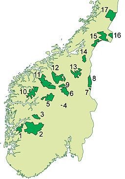 Nationalparker i södra Norge. Femundsmarka är nr. 8.