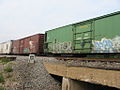 Graffiti on boxcars in a passing BNSF Railway train, Prairie du Chien, Wisconsin