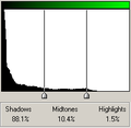 Histogram při podexponování (graf je extrémní vlevo ve stínech)