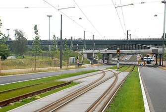 Reserved track in Bremen, Germany, an example of a tramway track interlaced with a railway track.