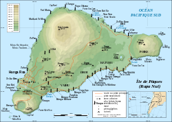 Easter Island, French map showing Terevaka, Poike, Rano Kau, Motu Nui, Orongo, and Mataveri, Rano Raraku is written as Volcan Rana Roratka, and major Ahus are marked with Moai