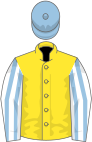 Yellow, White sleeves, Light Blue stripes, Light Blue cap