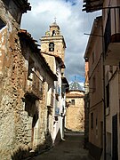 Detalle de arquitectura tradicional (vernacular) en Puebla de San Miguel, con el campanario de la parroquial al fondo (2003).