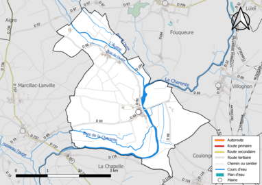 Carte en couleur présentant le réseau hydrographique de la commune