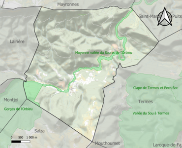 Carte des ZNIEFF de type 1 sur la commune.