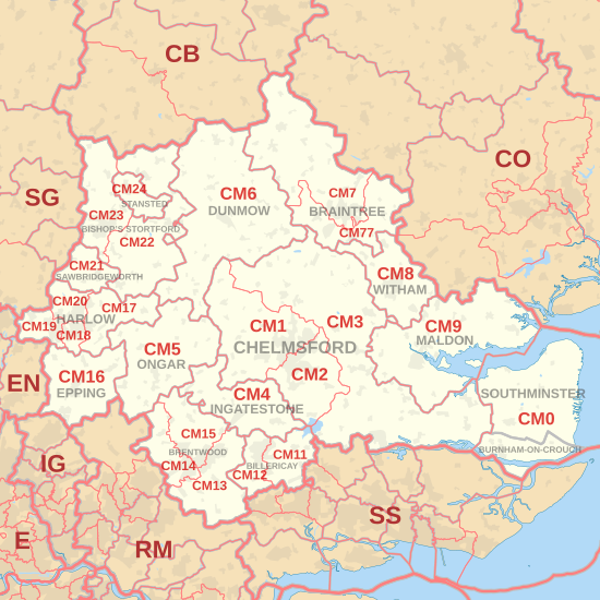 CM postcode area map, showing postcode districts, post towns and neighbouring postcode areas.