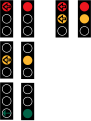 Standard & arrow Red: Stop. Red + yellow: The light is turning to green. Green: Proceed. Yellow: Stop, but only if safe to do so.