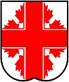 Argent, a cross cottised by eight demi maple leaves, stalks inwards, gules